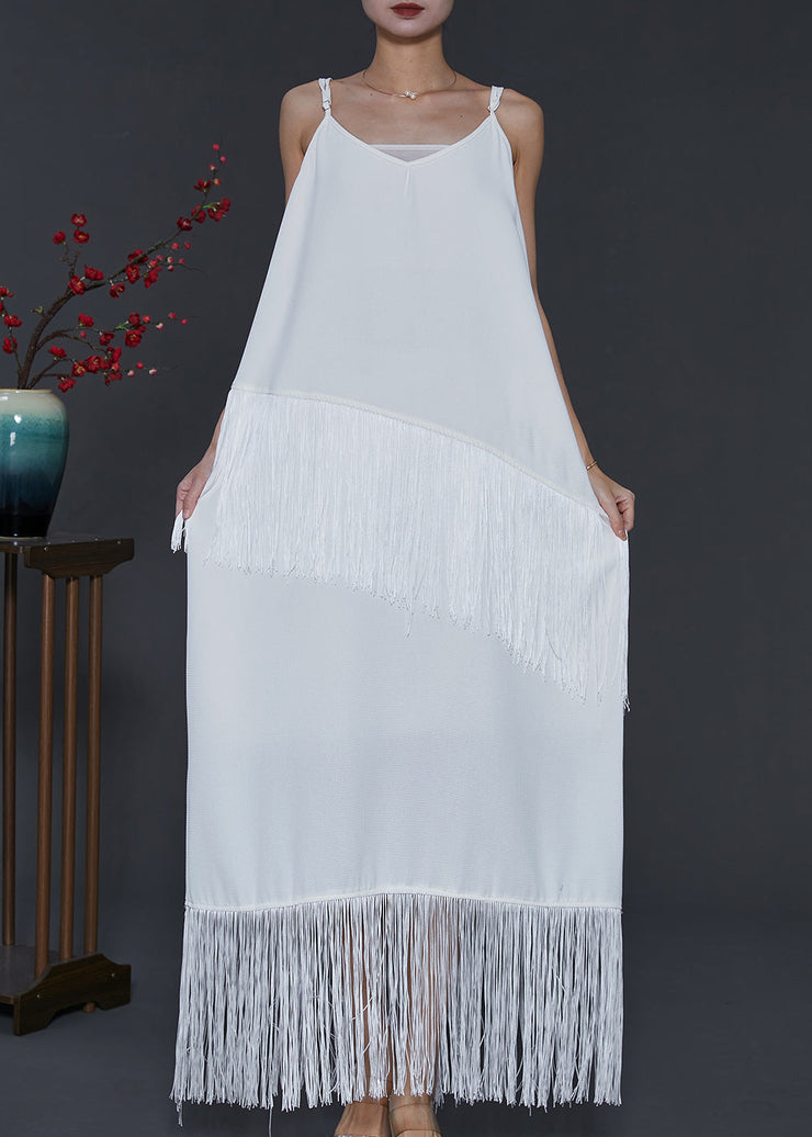 Bohemian White Tasseled Chiffon Spaghetti Strap Dress Summer