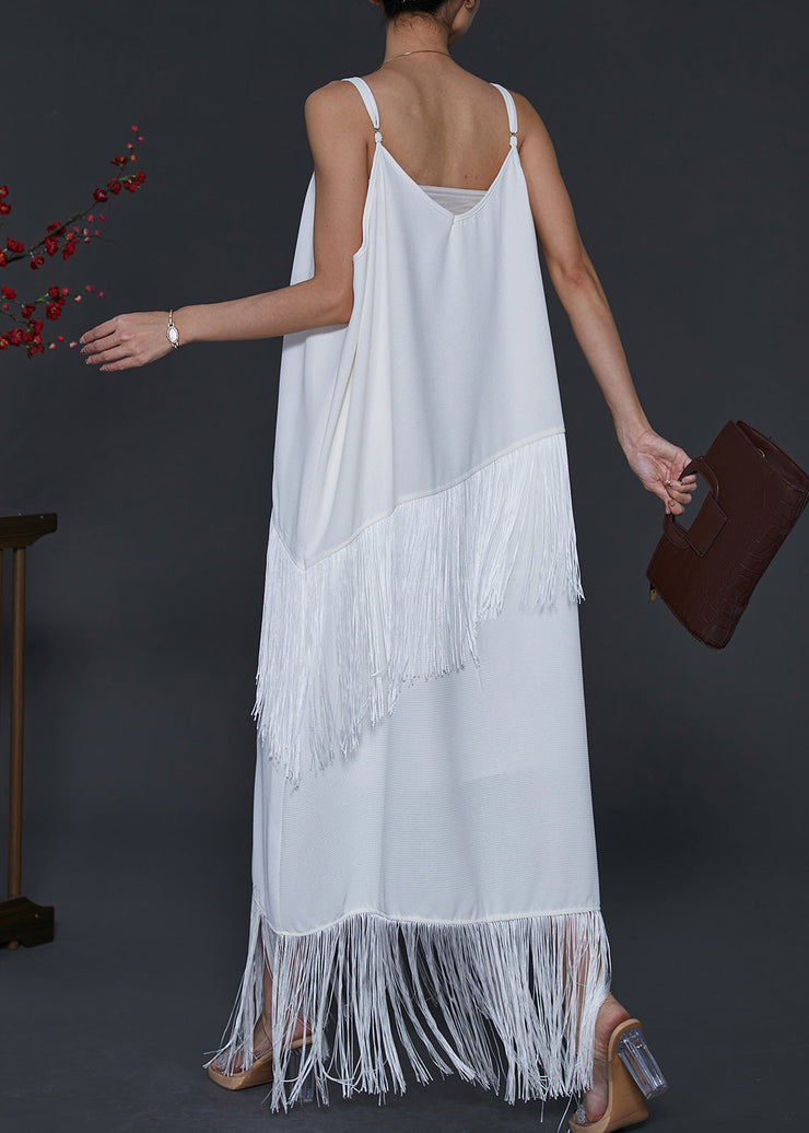 Bohemian White Tasseled Chiffon Spaghetti Strap Dress Summer