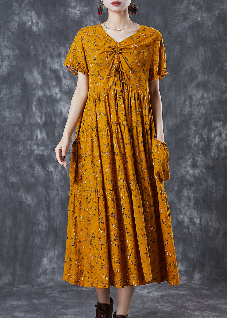 Bohemian Yellow Cinched Print Cotton Dress Summer