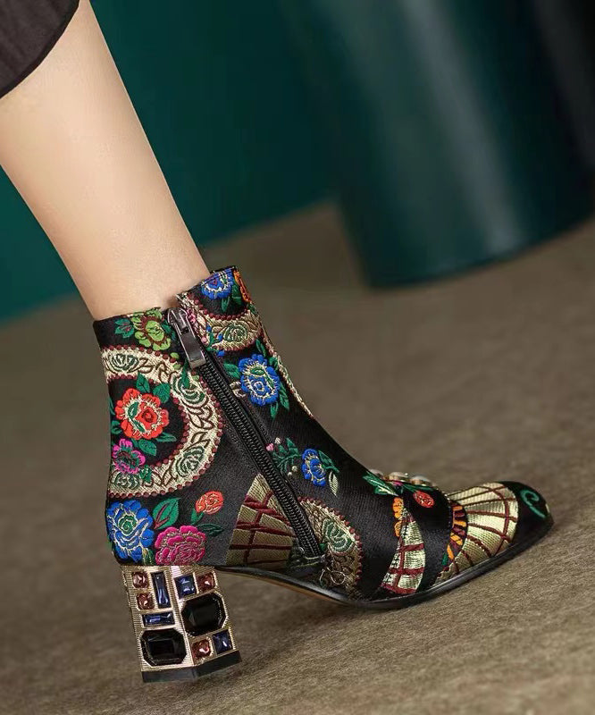 Bohemian Yellow Embroidery Nail Bead Zircon Chunky Heel Boots