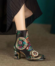 Bohemian Yellow Embroidery Nail Bead Zircon Chunky Heel Boots