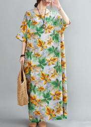 Bohemian Yellow Green O-Neck Leaf Print Cotton Long Dress Short Sleeve