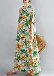 Bohemian Yellow Green O-Neck Leaf Print Cotton Long Dress Short Sleeve