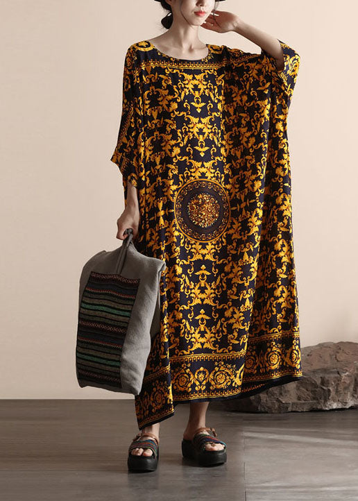 Bohemian Yellow O Neck Print Patchwork Cotton Beach Dress Summer