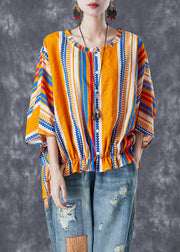 Bohemian Yellow Oversized Striped Wrinkled Cotton Shirt Batwing Sleeve