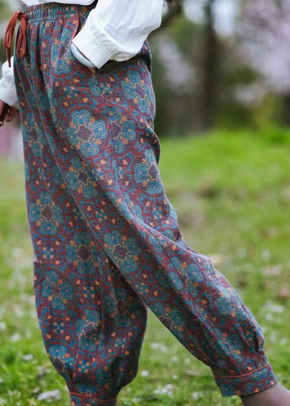 Bohemian Yellow Pockets Print Cotton Lantern Pants Spring