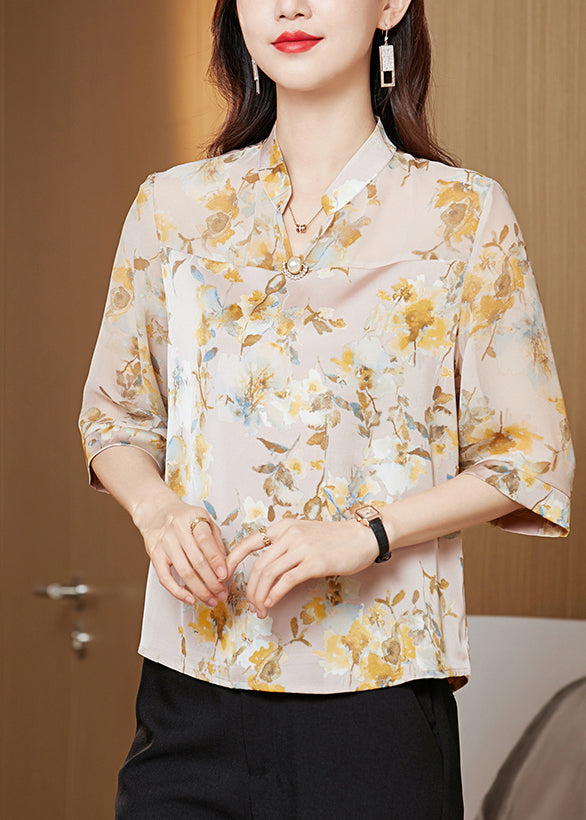 Bohemian Yellow Stand Collar Print Chiffon Shirt Tops Half Sleeve