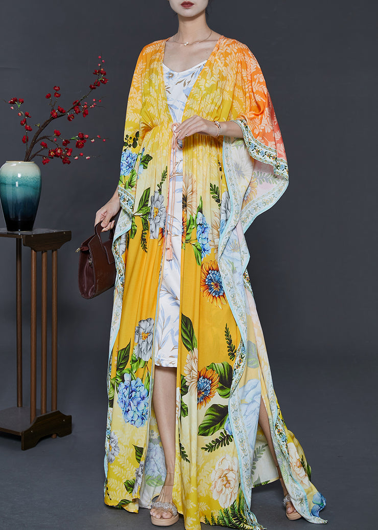 Bohemian Yellow Tie Waist Print Chiffon Beach Dresses Fall