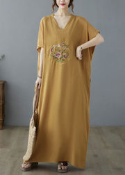 Bohemian Yellow V Neck Embroideried Cotton Long Dresses Summer