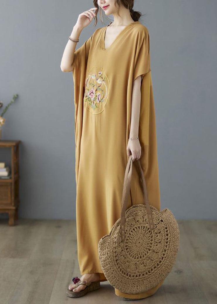 Bohemian Yellow V Neck Embroideried Cotton Long Dresses Summer