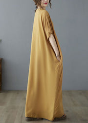 Bohemian Yellow V Neck Embroideried Cotton Long Dresses Summer