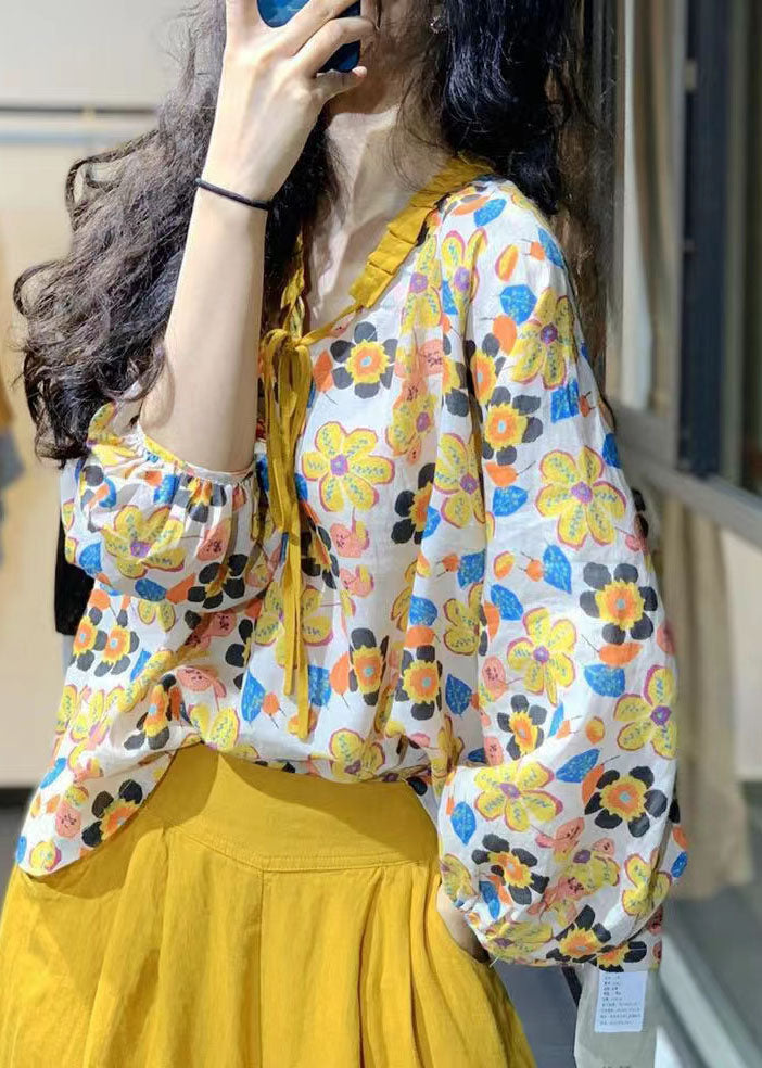 Bohemian Yellow V Neck Print Lace Up Linen Shirt Tops Spring