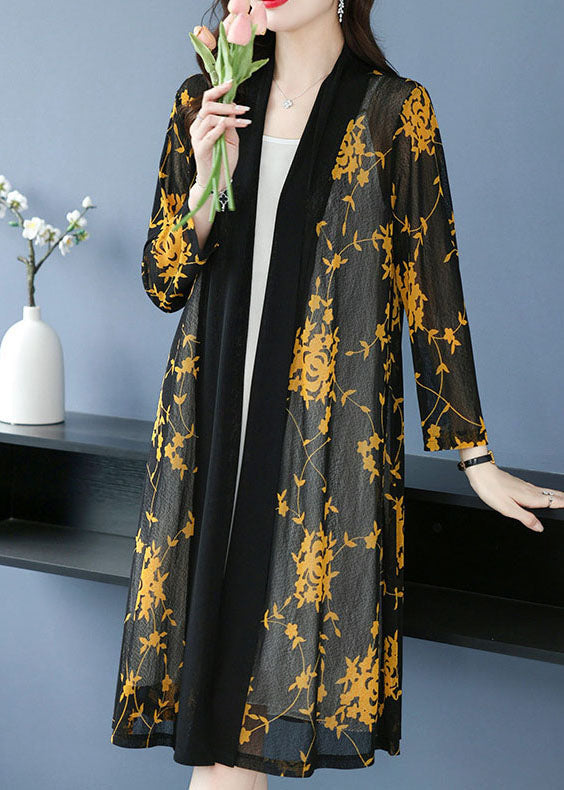 Bohemian Yellow V Neck Print Long Ice Size Chiffon Cardigans Summer