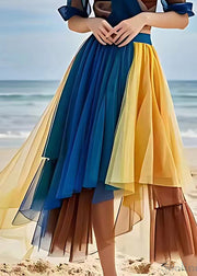 Bohemian Yellow Wrinkled Elastic Waist Tulle Skirts Summer