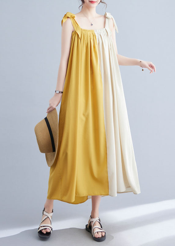 Bohemian Yellow Wrinkled Patchwork Cotton Summer Beach Dress Sleeveless