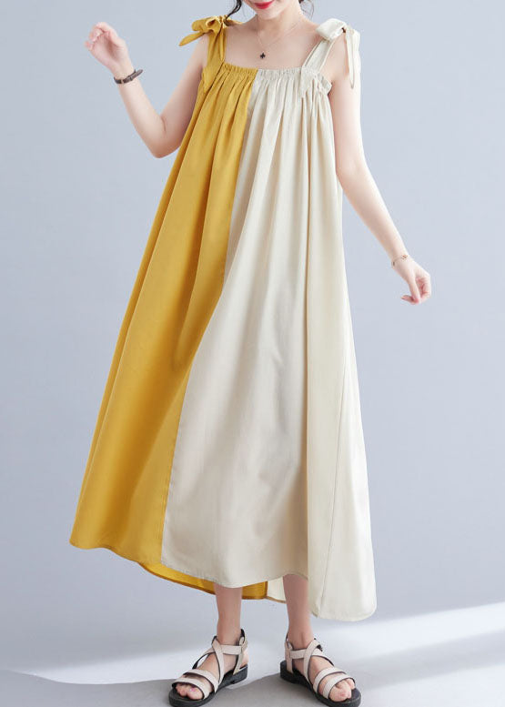 Bohemian Yellow Wrinkled Patchwork Cotton Summer Beach Dress Sleeveless