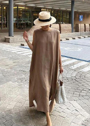 Bohemian O Neck Side Open Linen Cotton Clothes Fabrics Khaki Dress