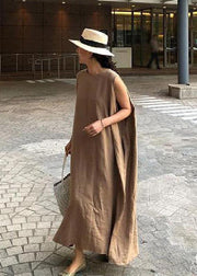 Bohemian O Neck Side Open Linen Cotton Clothes Fabrics Khaki Dress