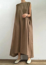 Bohemian O Neck Side Open Leinen Baumwolle Kleiderstoffe Khaki Kleid