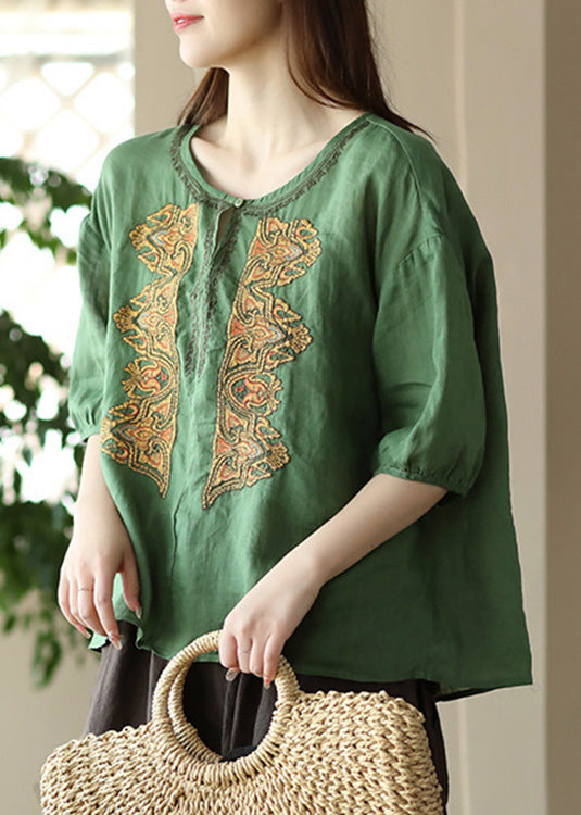 Boho Apricot O-Neck Embroideried Low High Design Ramie Shirts Summer