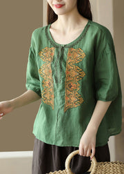 Boho Apricot O-Neck Embroideried Low High Design Ramie Shirts Summer