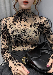 Boho Apricot Turtleneck Embroideried Floral Lace Tops Bottoming Shirt