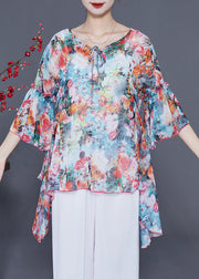 Boho Asymmetrical Design Floral Print Chiffon Shirts Flare Sleeve