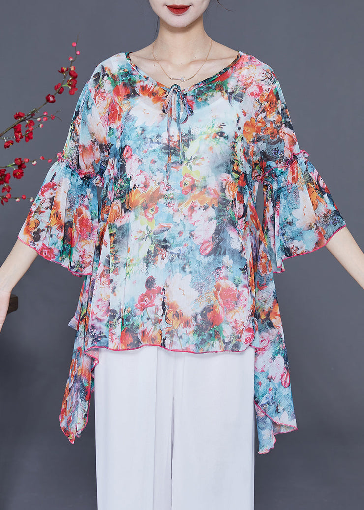 Boho Asymmetrical Design Floral Print Chiffon Shirts Flare Sleeve