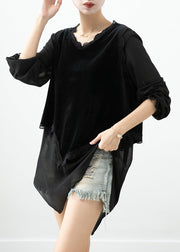 Boho Black Asymmetrical Patchwork Silk Velour Blouse Tops Fall