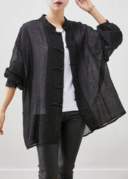 Boho Black Chinese Button Wrinkled Linen Shirt Top Fall