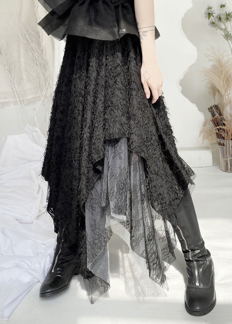 Boho Black Elastic Waist Lace Patchwork Tulle Maxi Skirt Fall