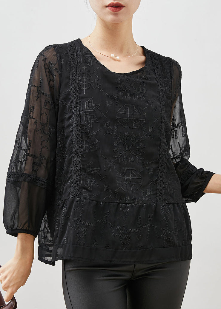 Boho Black Embroidered Tulle Blouse Top Bracelet Sleeve