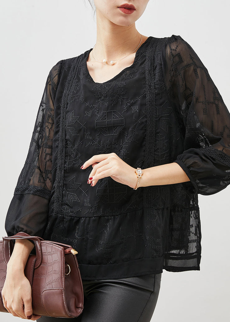 Boho Black Embroidered Tulle Blouse Top Bracelet Sleeve