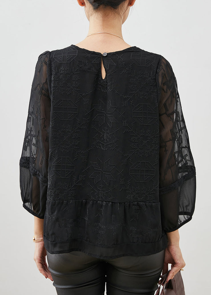 Boho Black Embroidered Tulle Blouse Top Bracelet Sleeve