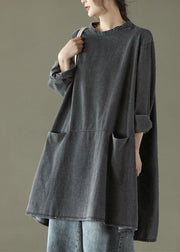 Boho Black Grey O-Neck Pockets Denim Long Dresses Long Sleeve - SooLinen