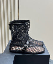 Boho Black Hollow Out Breathable Mesh Splicing Buckle Strap Flat Boots