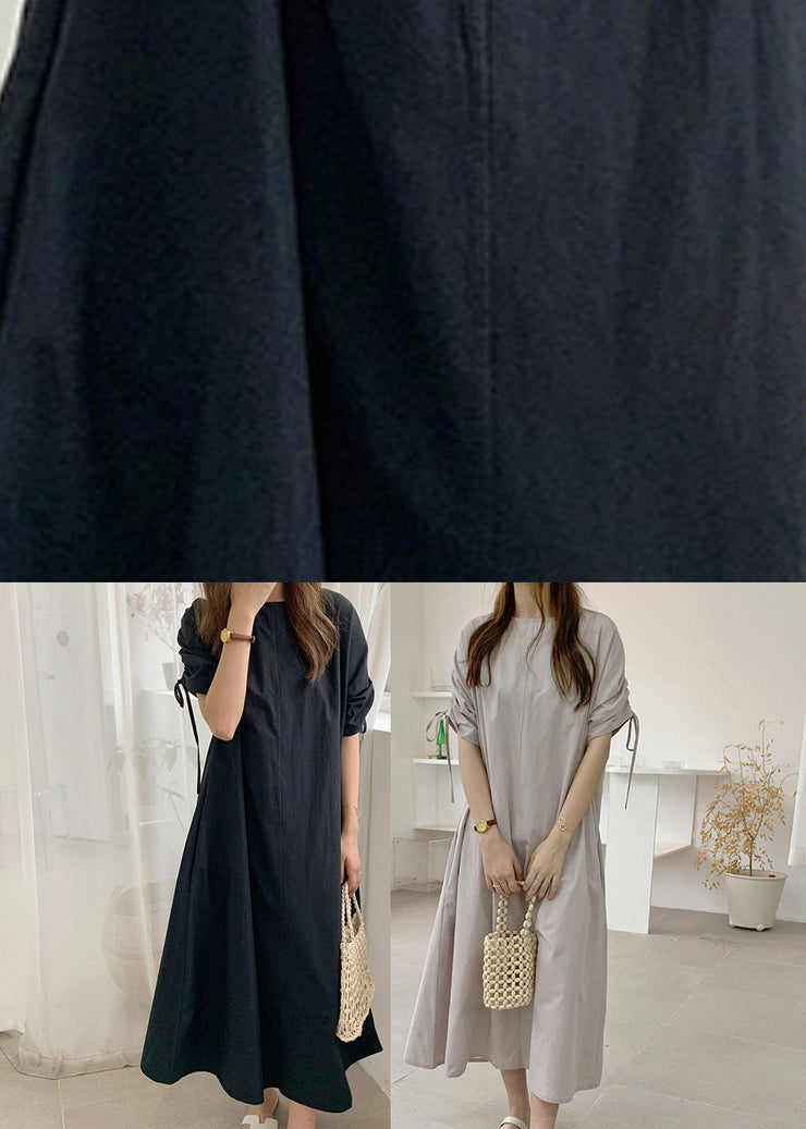 Boho Black O-Neck Drawstring Cotton Long Dress Summer