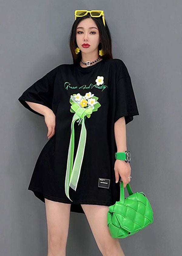 Boho Black O-Neck Embroideried Bow Cotton Tanks Short Sleeve