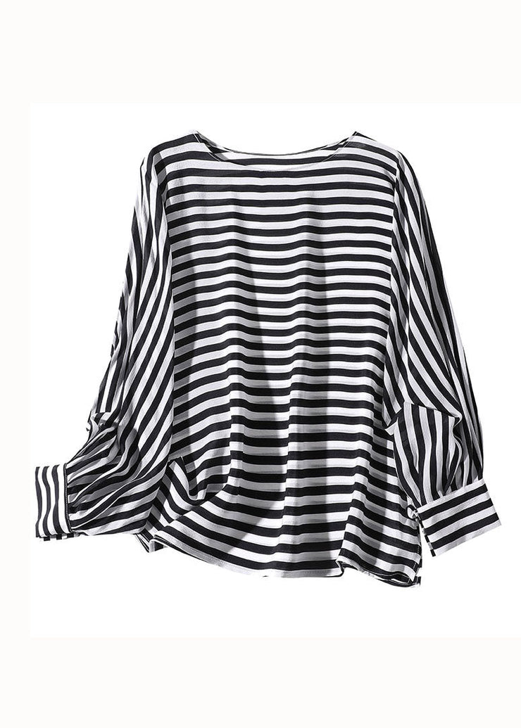 Boho Black O Neck Striped Patchwork Silk Shirt Tops Spring