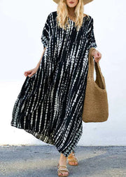 Boho Black O-Neck Striped Side Open Maxi Dresses Short Sleeve