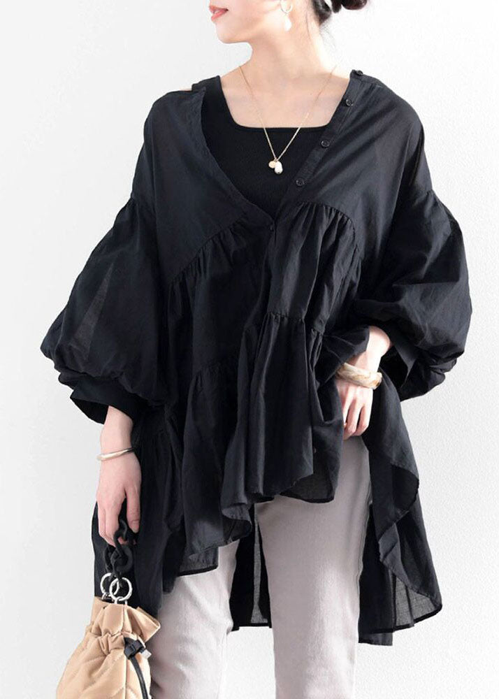 Boho Black O Neck Wrinkled Patchwork Cotton Shirt Top Lantern Sleeve