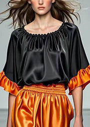 Boho Black O Neck Wrinkled Silk Tops Half Sleeve