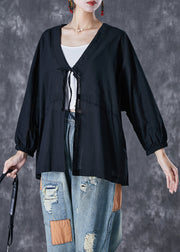 Boho Black Oversized Lace Up Linen Cardigan Fall