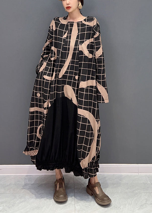 Boho Black Oversized Patchwork Plaid Cotton Long Dress Spring