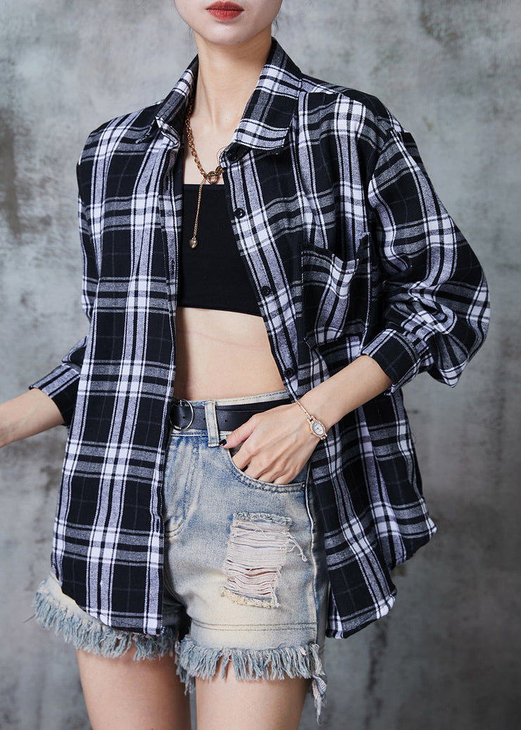 Boho Black Oversized Plaid Cotton Shirt Top Fall