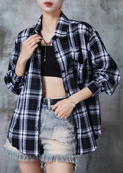 Boho Black Oversized Plaid Cotton Shirt Top Fall