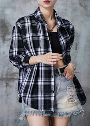 Boho Black Oversized Plaid Cotton Shirt Top Fall