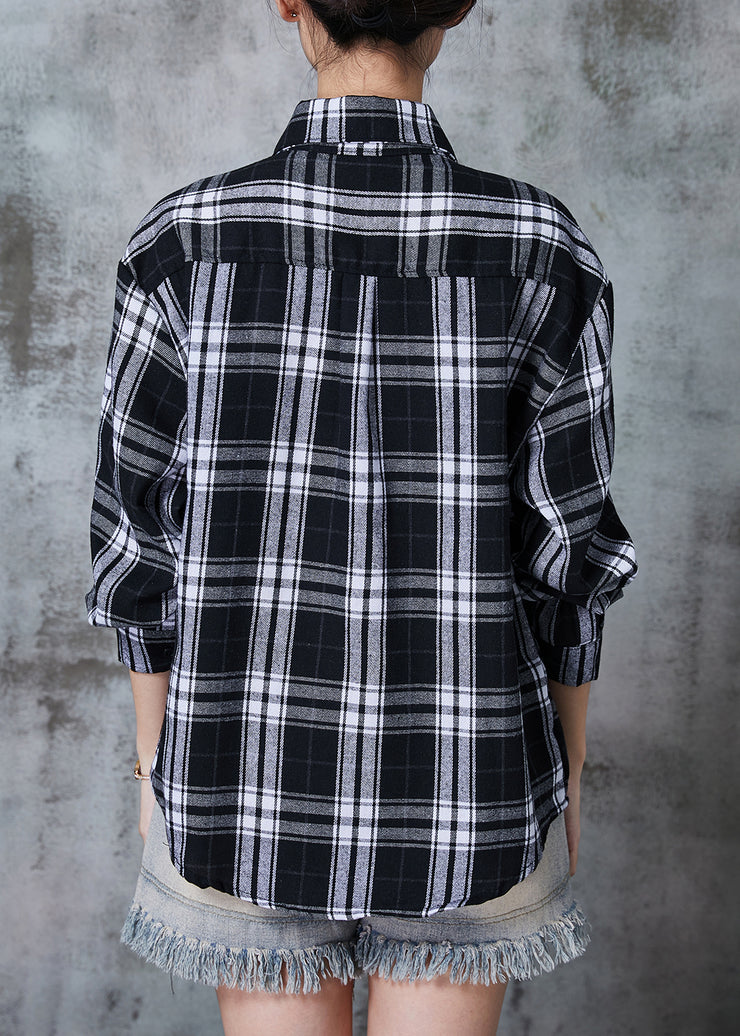 Boho Black Oversized Plaid Cotton Shirt Top Fall