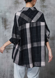 Boho Black Oversized Plaid Cotton Shirt Tops Spring