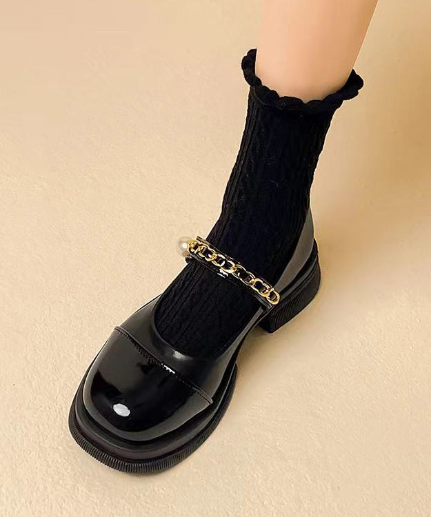 Boho Black Pearl Splicing Buckle Strap Chunky Loafer Shoes